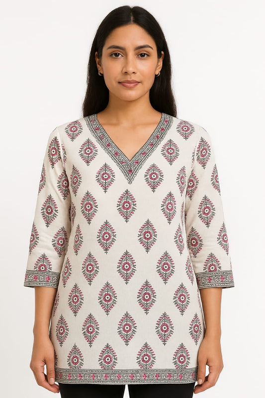 Floral Printed Pure Cotton Regular Fit Tunic Top