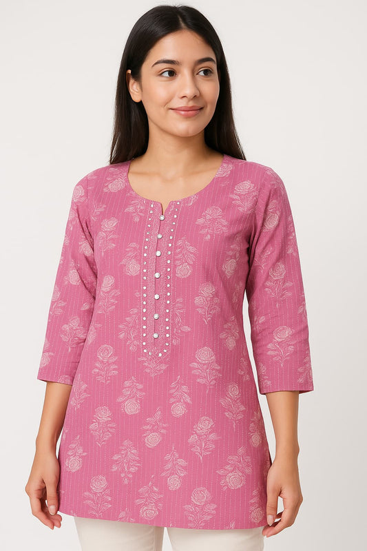Elegant Pink Floral Cotton Kurti