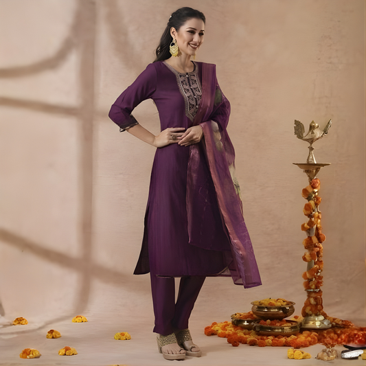 Elegant Purple Embroidered Magic Cotton 3-Piece Kurta Set