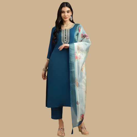 Ladies Rayon Slub Kurti Set with Pant & Chanderi Printed Dupatta Daily Wear