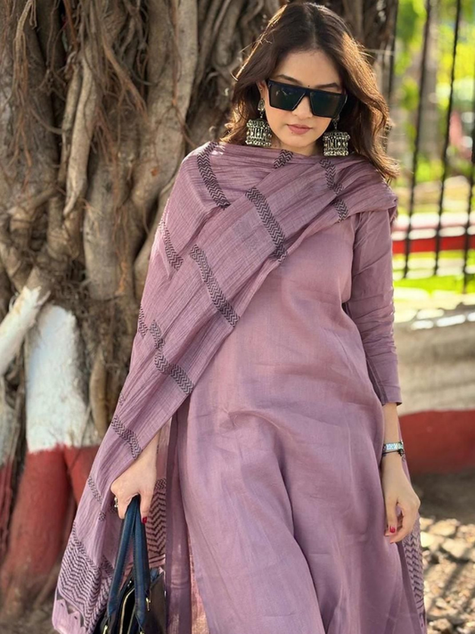 Stylish Dusty Mauve Ethnic Kurta Set with Printed Chanderi Dupatta – Office & Casual Wear