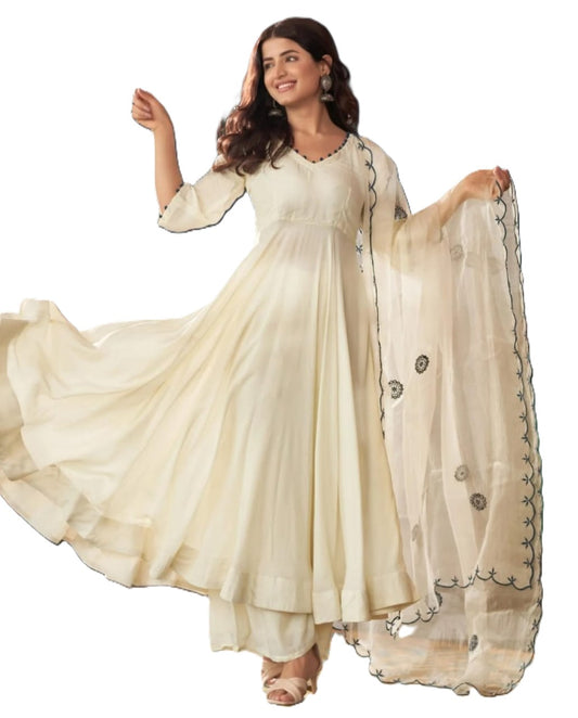 Elegant Cream Roman Embroidered Anarkali Kurta Set with Chanderi Dupatta for Women | Festive Ethnic Wear