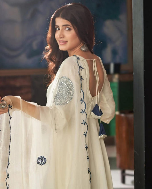 Elegant Cream Roman Embroidered Anarkali Kurta Set with Chanderi Dupatta for Women | Festive Ethnic Wear