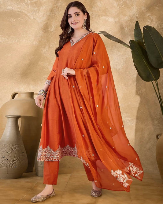 Rust Orange Roman Embroidered Kurta Pant Dupatta Set for Women | Elegant Ethnic Wear with Chanderi Dupatta