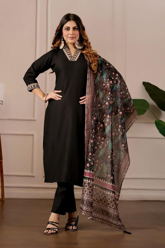 Women’s Black Roman Embroidered Kurta Pant Set with Printed Chanderi Dupatta | Elegant Ethnic Suit Set for Women