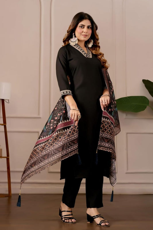 Women’s Black Roman Embroidered Kurta Pant Set with Printed Chanderi Dupatta | Elegant Ethnic Suit Set for Women