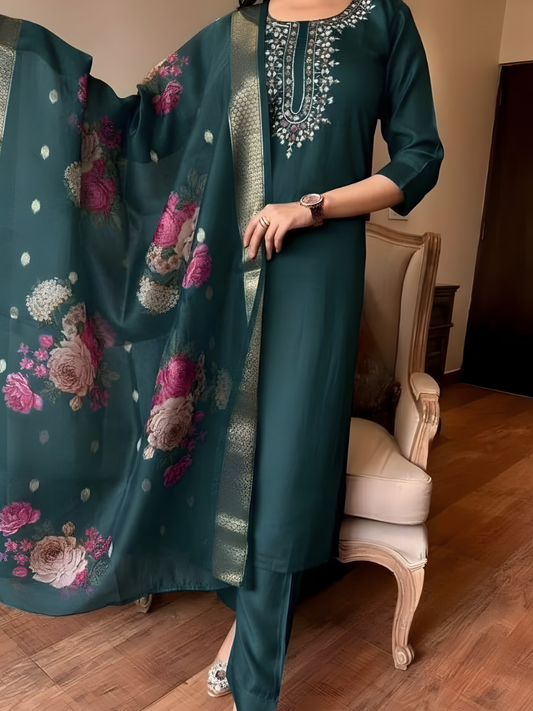 Premium Emerald Green Rayon Kurta Set with Digital Printed Chanderi Dupatta