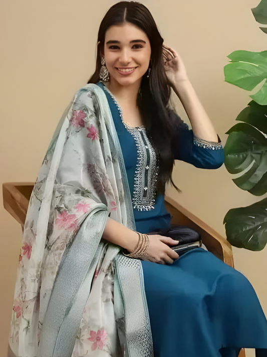 Teal Blue Magic Cotton Kurta Set with Digital Printed Chanderi Dupatta