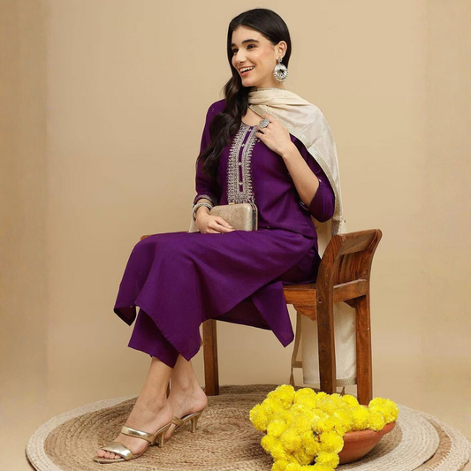 Purple Embroidered Kurti Set with Pant & Floral Dupatta for Women Wear Suit Set