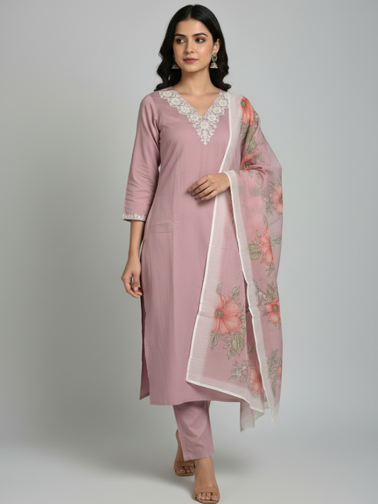 Elegant Dusty Pink Embroidered Kurta Set with Floral Printed Dupatta – 3 Piece Ethnic Wear