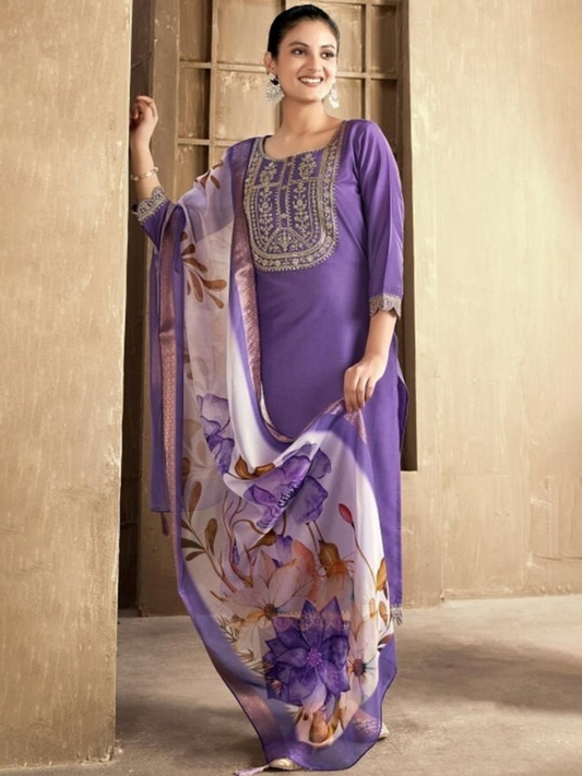Rayon Slub 3-Piece Ethnic Ensemble: Intricate Embroidery & Digital Prints