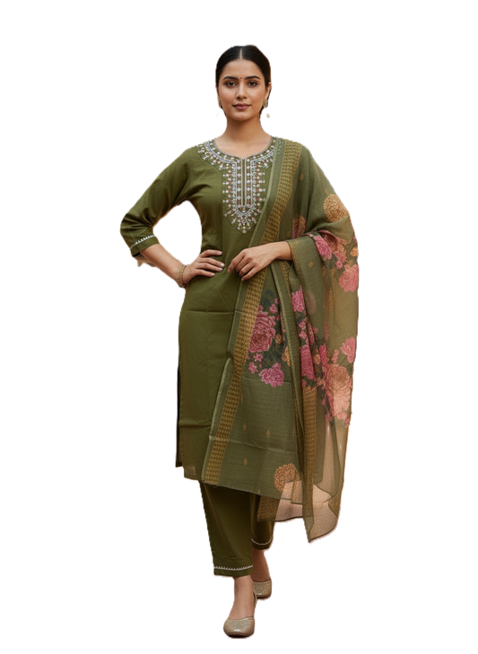 Women Olive Green Embroidered Kurta Pant Dupatta Set