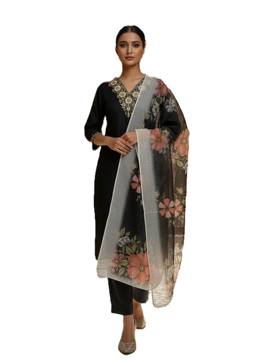 Women Black Rayon Slub Embroidered Kurta Pant Dupatta Set | Elegant Ethnic Wear Set for Women