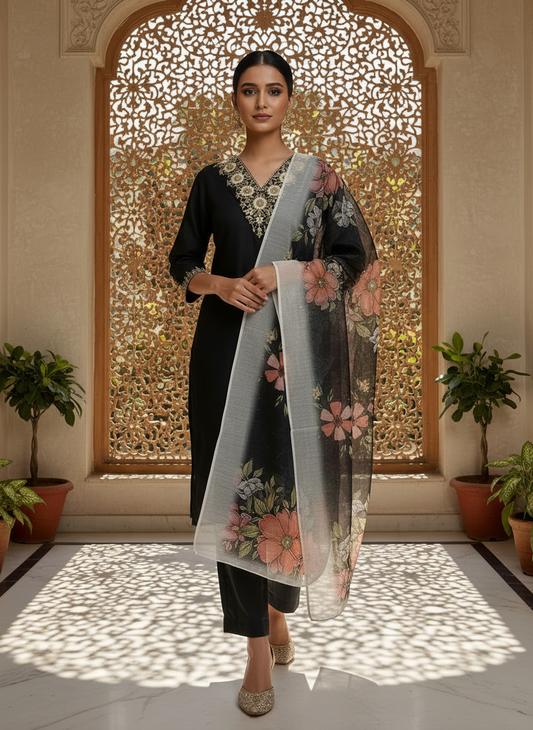 Women Black Rayon Slub Embroidered Kurta Pant Dupatta Set | Elegant Ethnic Wear Set for Women