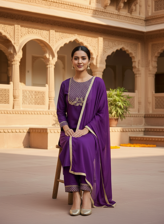 Women Rayon Slub Embroidered Kurta Pant Dupatta Set | Ethnic Straight Kurta Set for Women