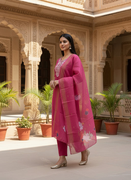 Women Pink Rayon Slub Embroidered Kurta Pant Dupatta Set | Elegant Ethnic Wear Suit Set for Women