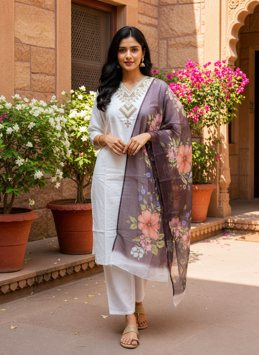 Women White Rayon Slub Embroidered Kurta Pant Dupatta Set | Floral Chanderi Dupatta Ethnic Wear Set