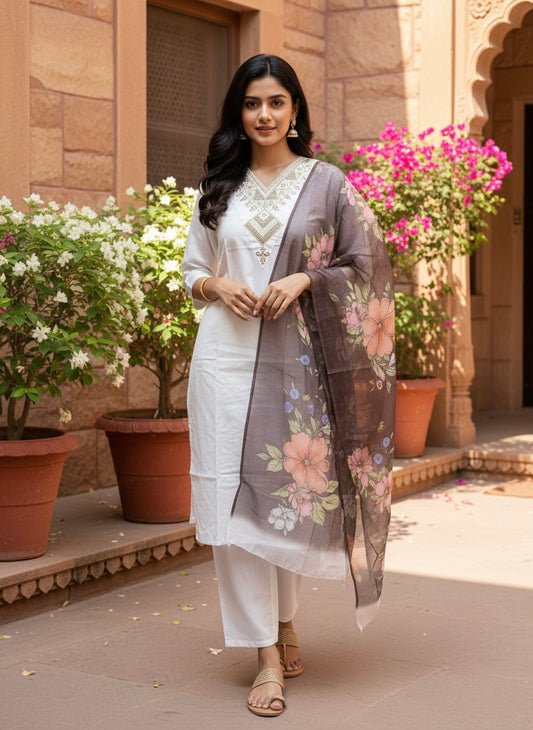 Women White Rayon Slub Embroidered Kurta Pant Dupatta Set | Floral Chanderi Dupatta Ethnic Wear Set