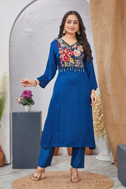 Blue Modal Viscose Embroidered Kurti Set for Women