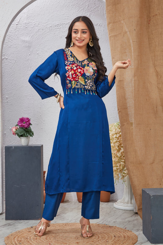 Blue Modal Viscose Embroidered Kurti Set for Women