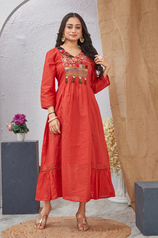 Cotton Anarkali Gown with Hand Embroidery for Women