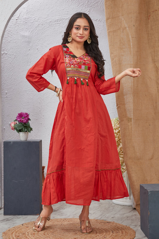 Cotton Anarkali Gown with Hand Embroidery for Women