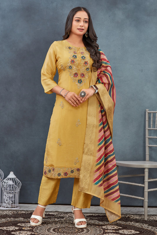 Mustard Yellow Embroidered Viscose Shimmer Kurti Set