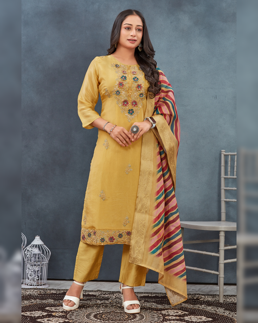 Mustard Yellow Embroidered Viscose Shimmer Kurti Set