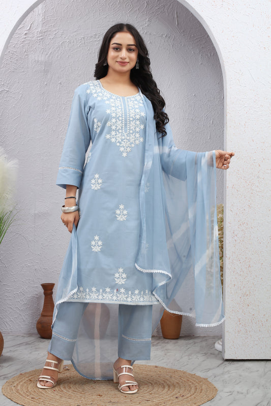 Sky Blue Lucknowi Thread Work Cotton Suit Set