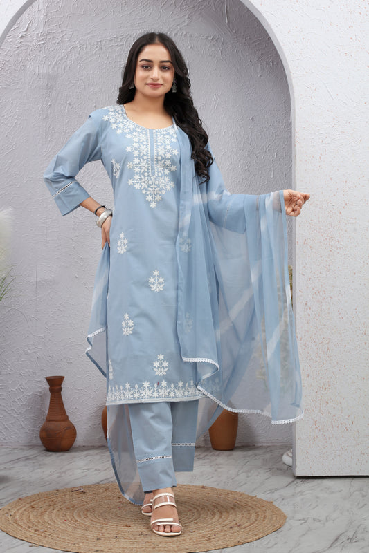 Sky Blue Lucknowi Thread Work Cotton Suit Set