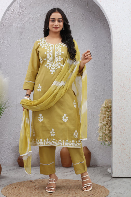 Yellow Lucknowi Thread Work Cotton Suit Set