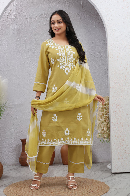 Yellow Lucknowi Thread Work Cotton Suit Set
