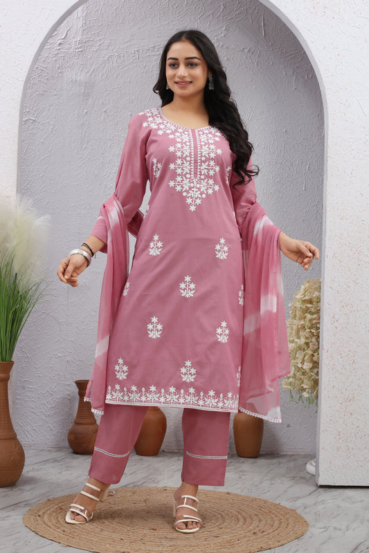 Pink Lucknowi Thread Work Cotton Suit Set