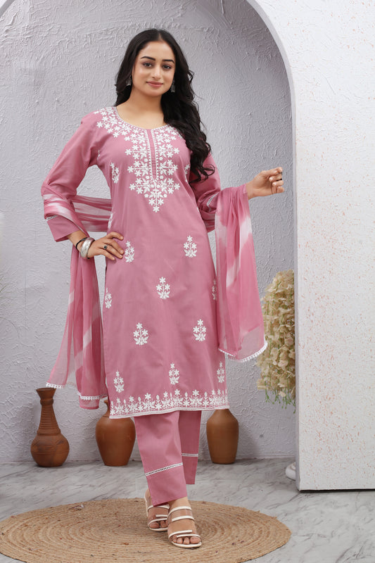 Pink Lucknowi Thread Work Cotton Suit Set