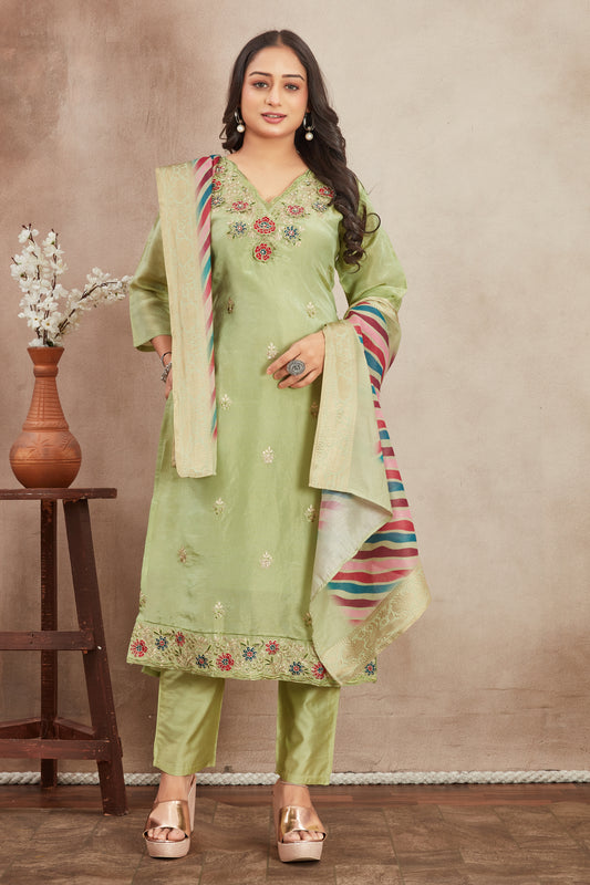 Pista Green Viscose Shimmer Kurti Set