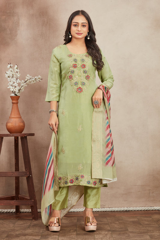 Olive Embroidered Viscose Shimmer Kurti Set