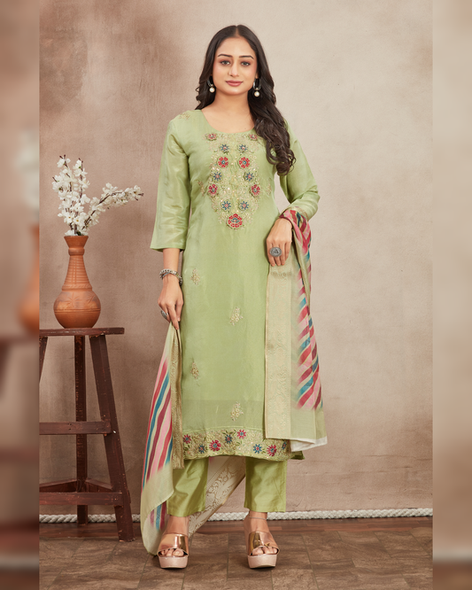 Olive Embroidered Viscose Shimmer Kurti Set