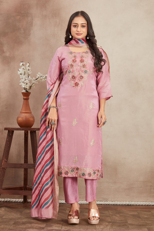 Pink Embroidered Viscose Shimmer Kurti Set