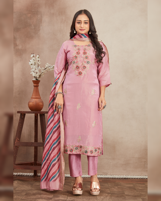 Pink Embroidered Viscose Shimmer Kurti Set