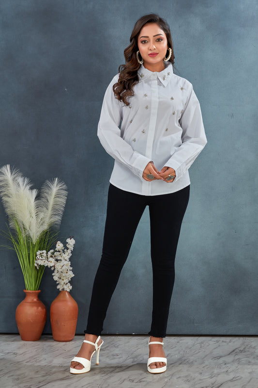 White Embellished Cotton Shirt for Women – Smart Casual Wear
