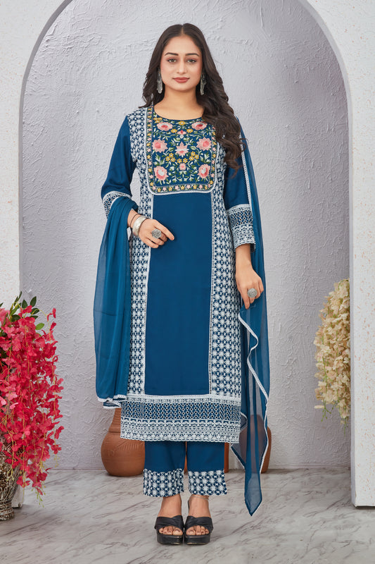 Blue Schiffli Work Kurti Set with Dupatta for Women
