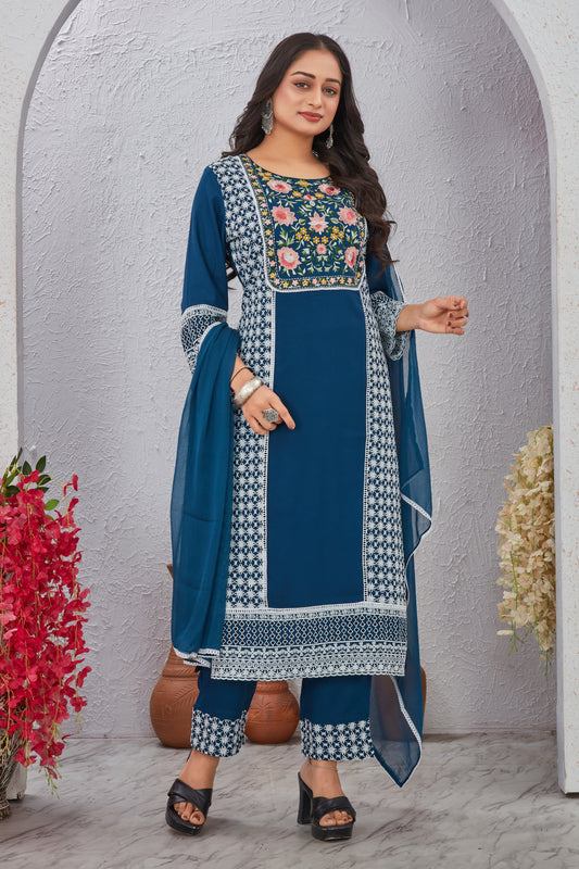 Blue Schiffli Work Kurti Set with Dupatta for Women