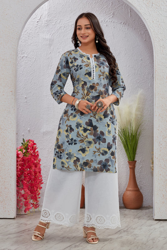 Pastel Bloom Cotton Kurti Set with Crosio Lace & Schiffli Embroidered Plazo