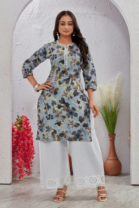 Pastel Bloom Cotton Kurti Set with Crosio Lace & Schiffli Embroidered Plazo