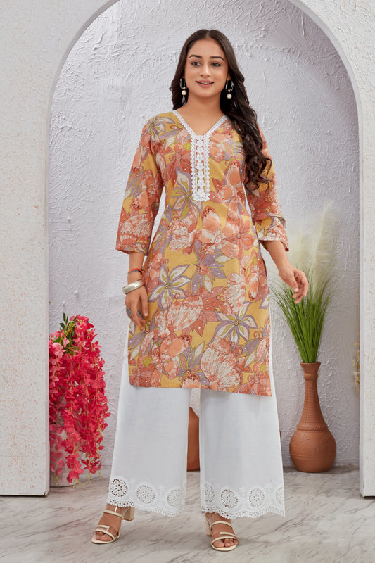 Floral Cotton Kurti Set with Crosio Lace & Schiffli Work Plazo