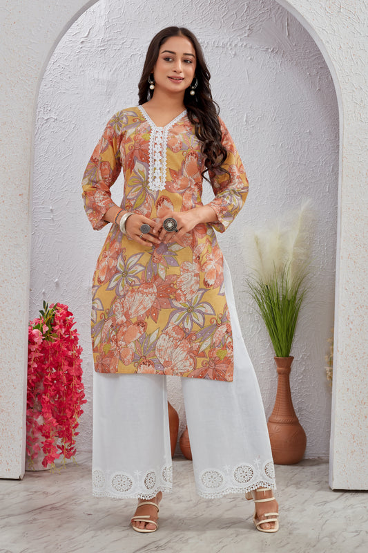 Floral Cotton Kurti Set with Crosio Lace & Schiffli Work Plazo