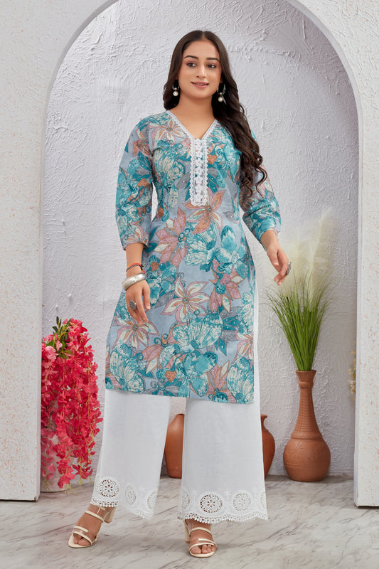 Floral Cotton Kurti Set with Crosio Lace & Schiffli Work Plazo