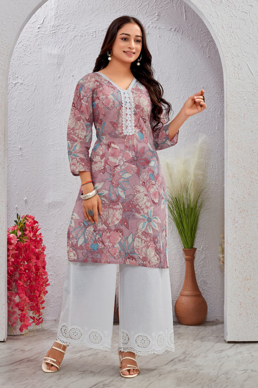 Floral Cotton Kurti Set with Crosio Lace & Schiffli Work Plazo