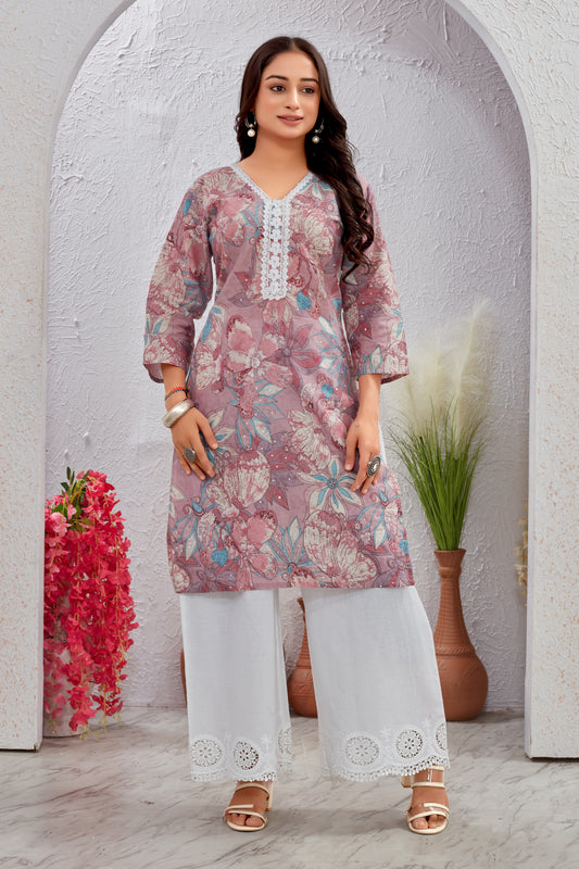 Floral Cotton Kurti Set with Crosio Lace & Schiffli Work Plazo
