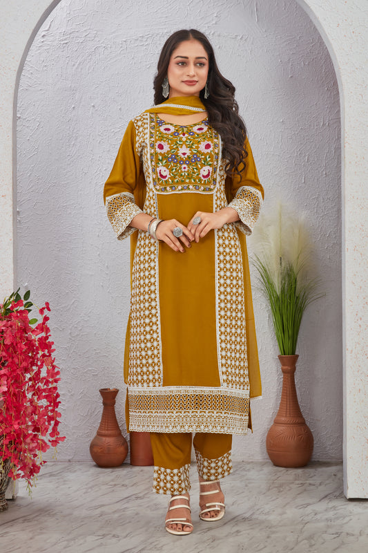 Yellow Schiffli Work Kurti Set with Dupatta for Women
